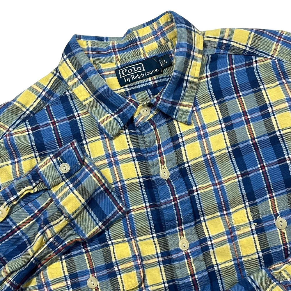 Vintage Polo Ralph Lauren Button Down Men L Blue Yellow Plaid Cotton Shirt